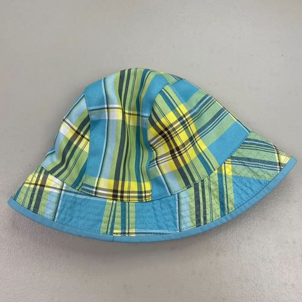 The North Face Reversible Bucket Hat Girls One Size Blue Yellow Plaid UPF30 Sun - Picture 4 of 7
